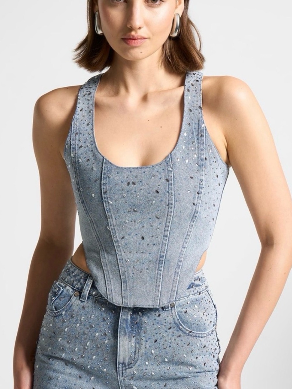 Maniere De Voir Rhinestone Denim Corset Top & Flare Jean Set Size 8 Y2K Crystals